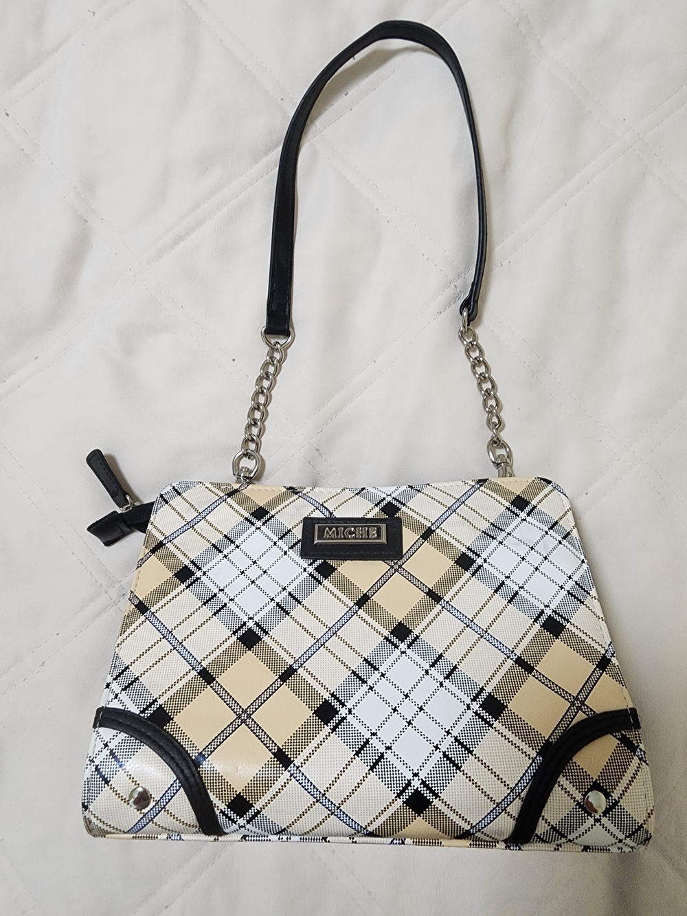 Miche Beige Black Plaid Shoulder Bag with Chain Strap